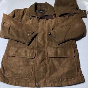 LONDON FOG Coat Men's Large Brown Suede Jacket Removable Liner, Hooded